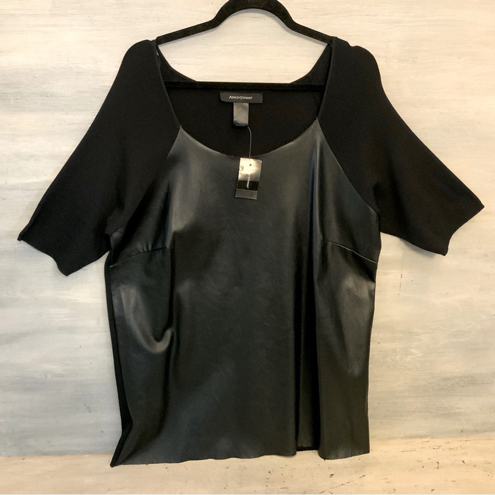 Ashley Stewart Faux Black Leather Short Sleeve Top Size 18/20 New with Tags